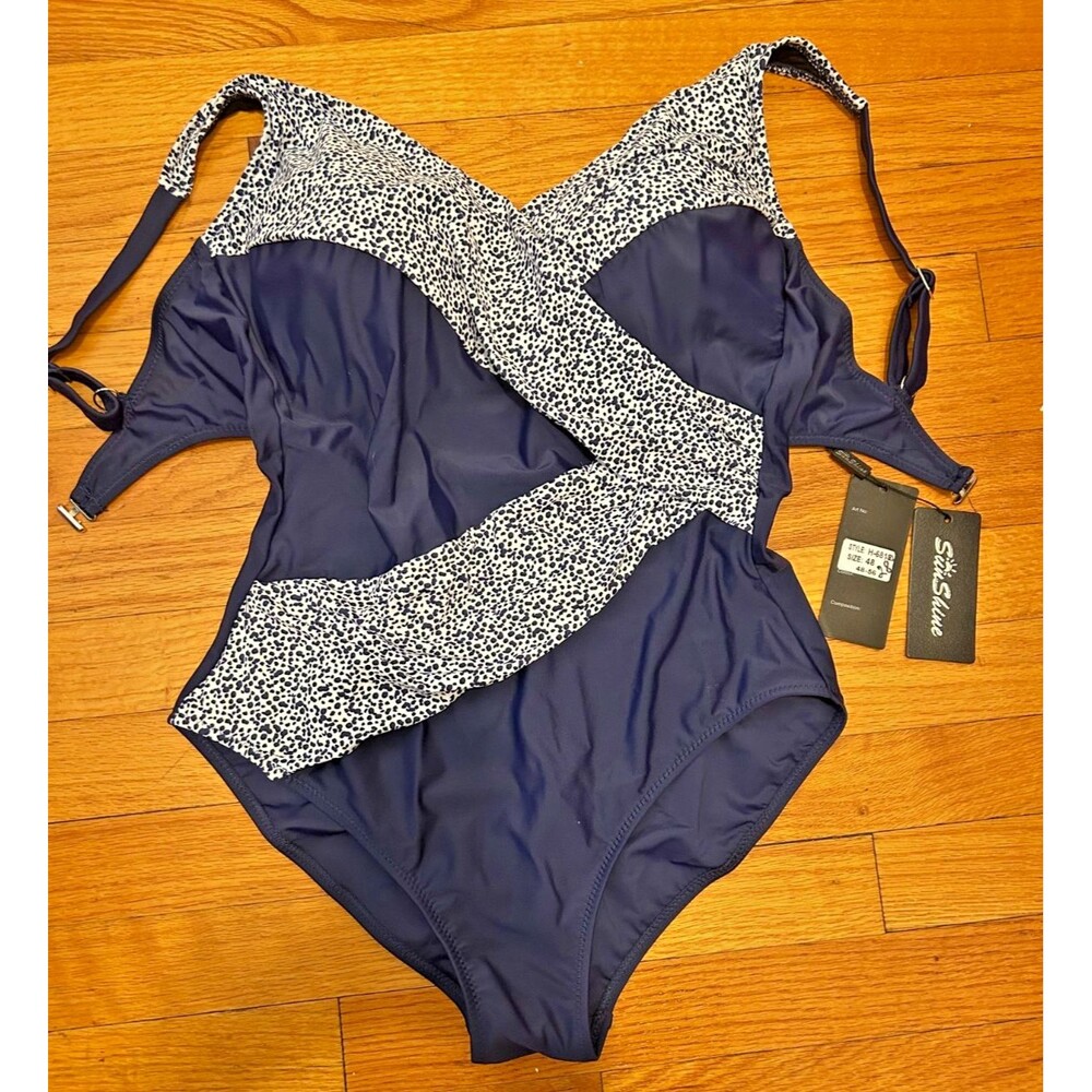 Womens M D Cup Navy Blue White Print One Piece Swimsuit Tummy Control Molded